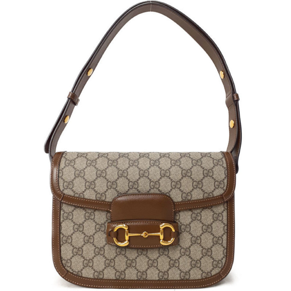 Gucci Beige GG Canvas and Brown Leather Shoulder Bag with Gold Horsebit